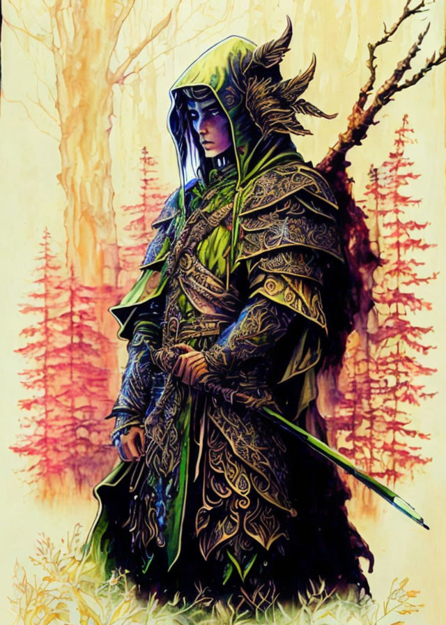 Fantasy character in cloak and armor wields sword in autumn forest.