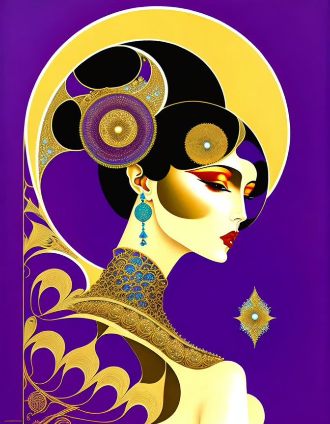 Vibrant woman with golden headdress and jewelry on purple backdrop