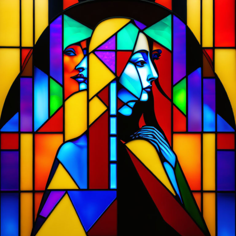 Vibrant stained glass window with stylized female figures & geometric patterns