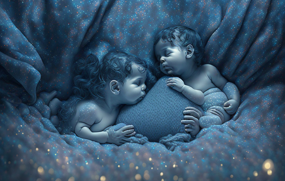 Two sleeping babies embraced on blue starry blanket