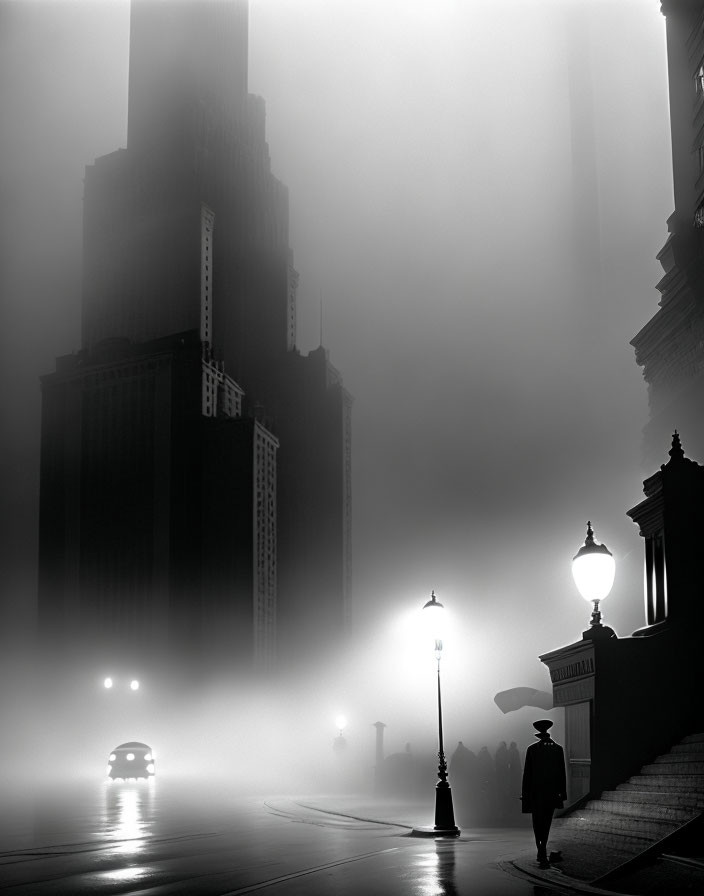 Mysterious Foggy Cityscape with Police Figure and Car