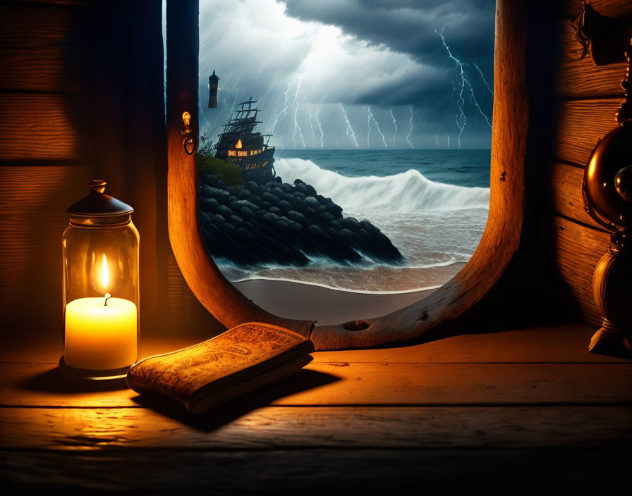 Stormy Sea Viewed Through Ship's Porthole with Candle, Lantern, and Old Book