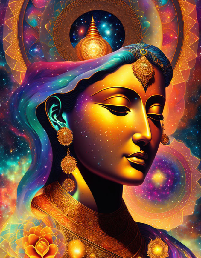 Colorful artwork featuring female figure with blue hair, golden skin, intricate jewelry, cosmic backdrop.