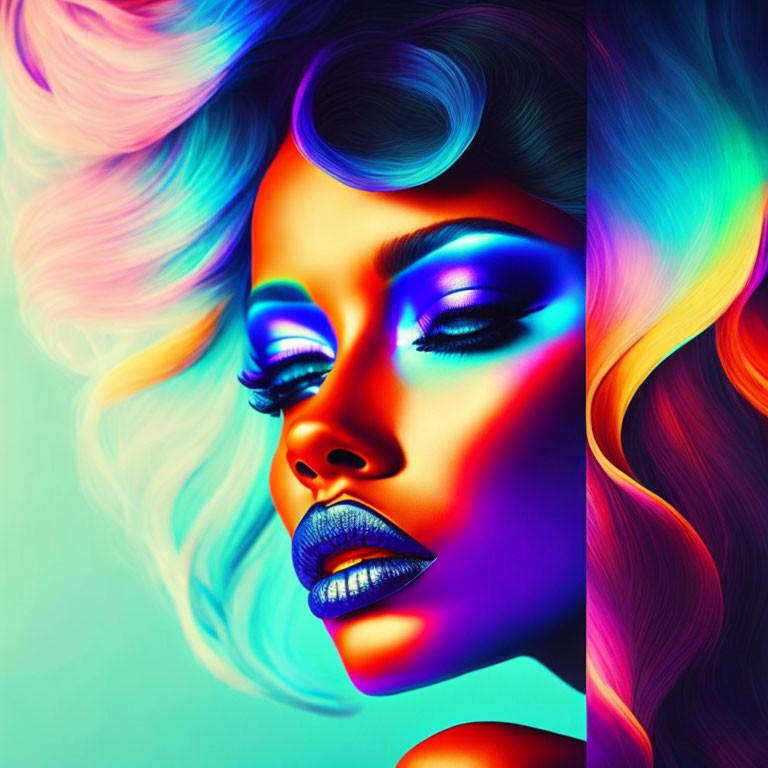 Colorful digital portrait of a woman with wavy hair transitioning from blue to pink and vibrant makeup.