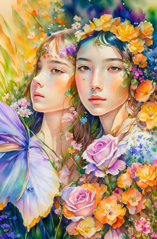 Ethereal female figures with vibrant flowers and butterfly in colorful art style