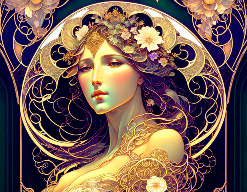 Stylized illustration of woman with ornate floral headgear and golden patterns