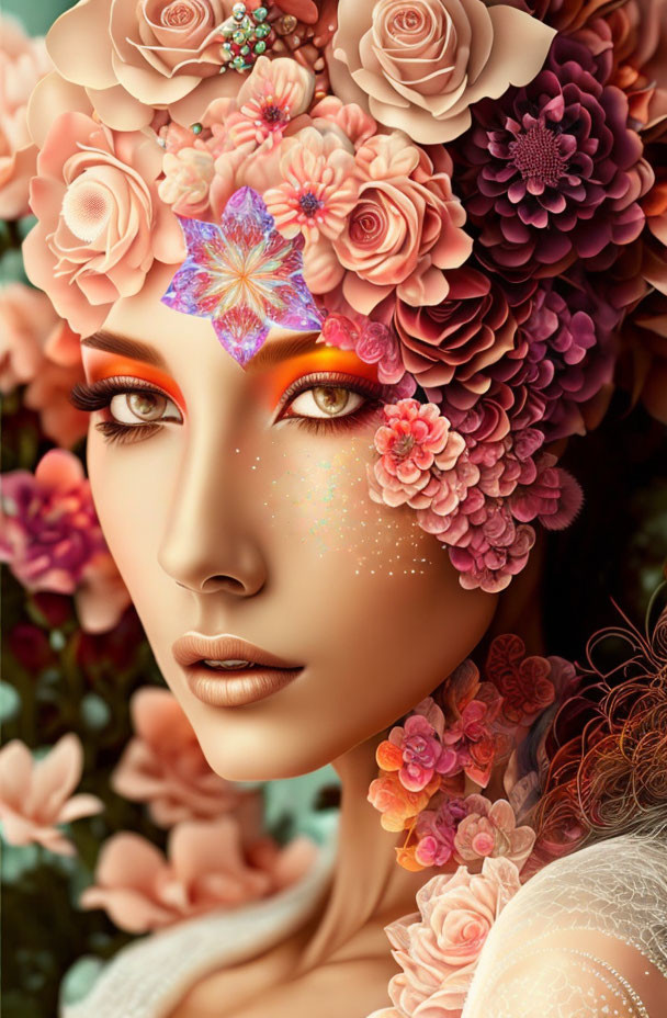 Portrait of a woman with a floral crown and vivid makeup