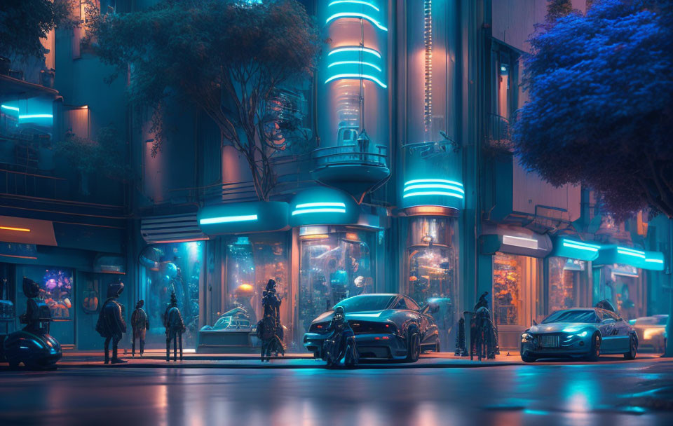 Futuristic city street at dusk with neon lights, silhouetted figures, sleek cars,