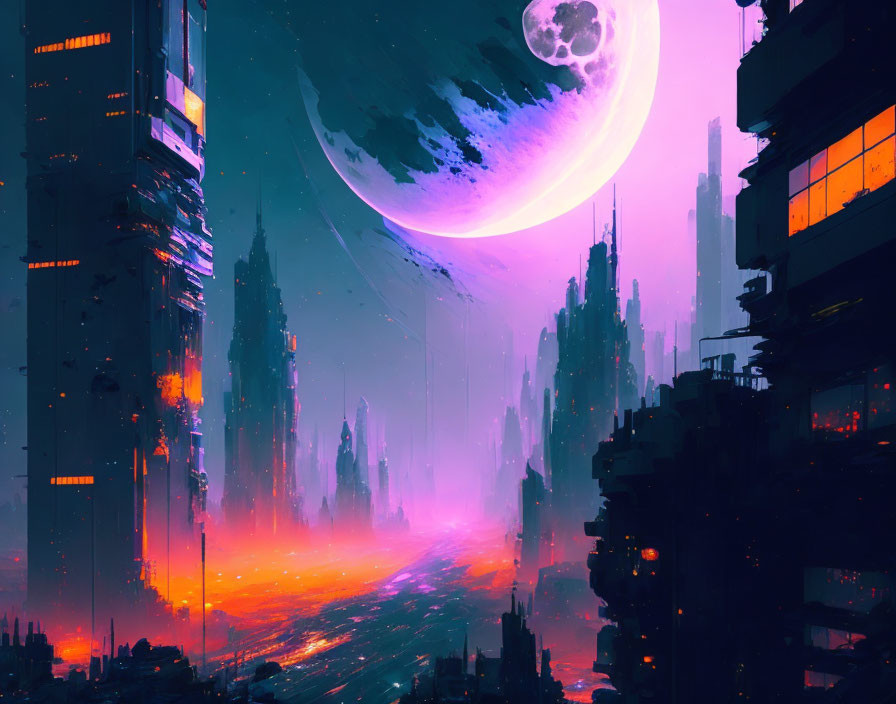 Futuristic sci-fi cityscape at dusk with skyscrapers, moon, and neon-lit