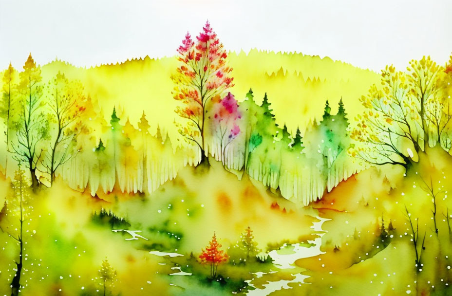 Colorful autumnal forest watercolor painting with stream and sunlight