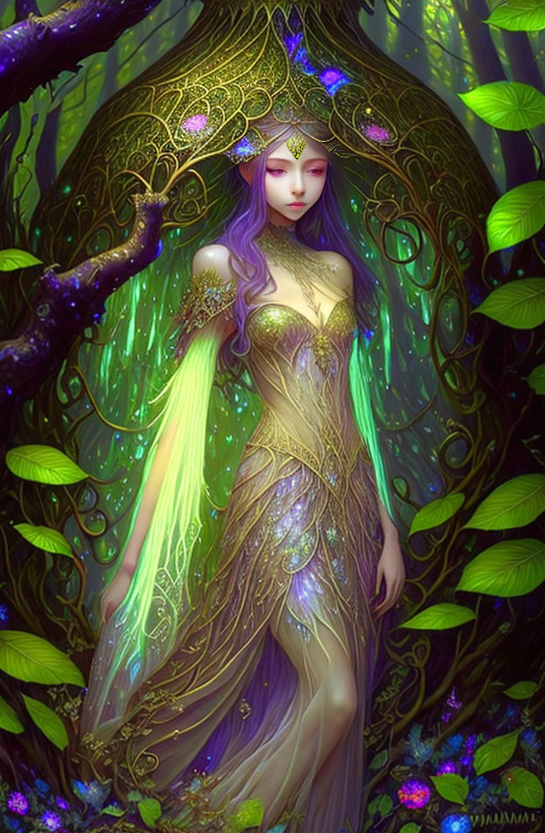 Ethereal female figure with purple hair and gold crown in lush greenery