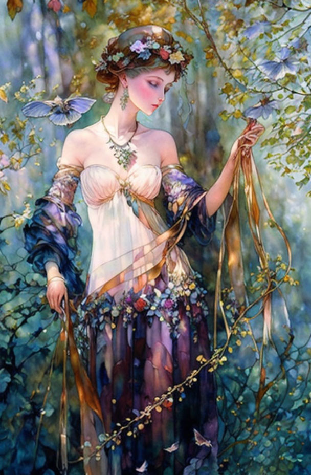 Whimsical painting of woman in flowing gown with butterflies and lush foliage