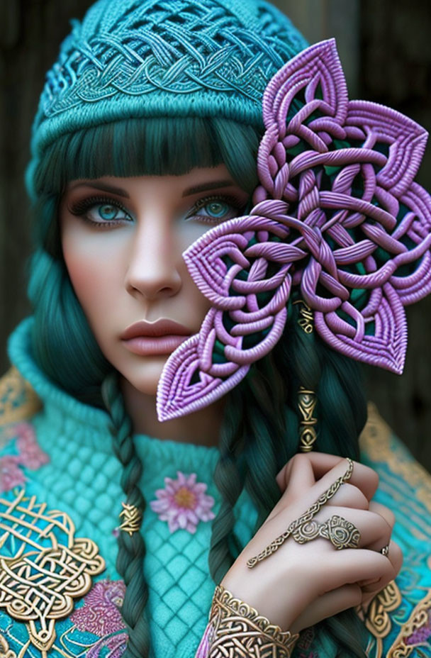 Teal-haired woman with purple flower adornment and blue eyes.