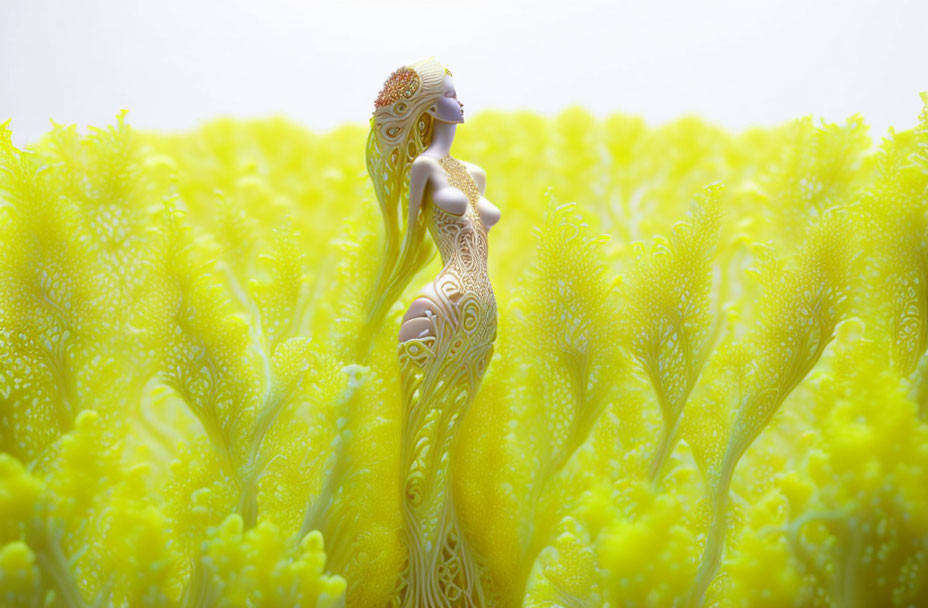 Yellow Ornate Figurine Surrounded by Intricate Coral-like Structures