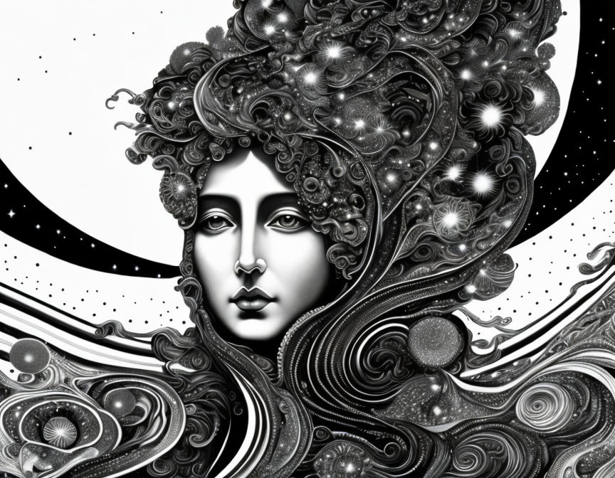 Black and White Illustration of Cosmic Woman's Face