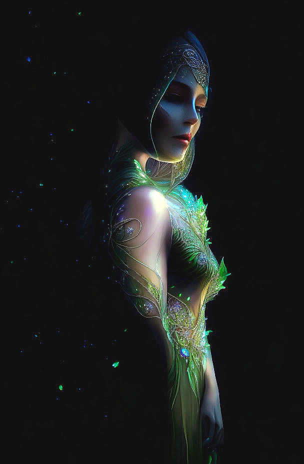 Ethereal woman in translucent green gown against starry backdrop