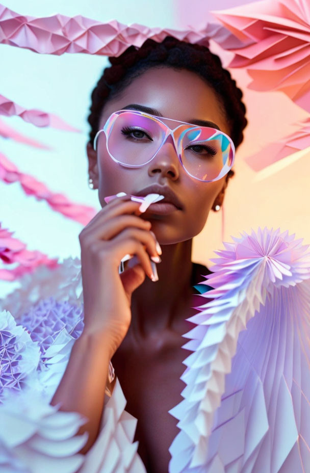 Fashionable woman with oversized glasses and colorful geometric shapes.