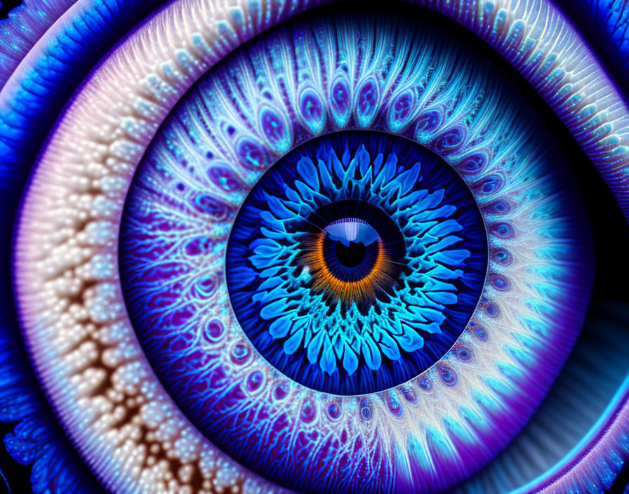 Detailed close-up of vibrant blue eye with intricate patterns and textures.