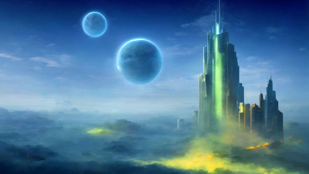 Futuristic cityscape with skyscrapers in mist, blue light, two moons