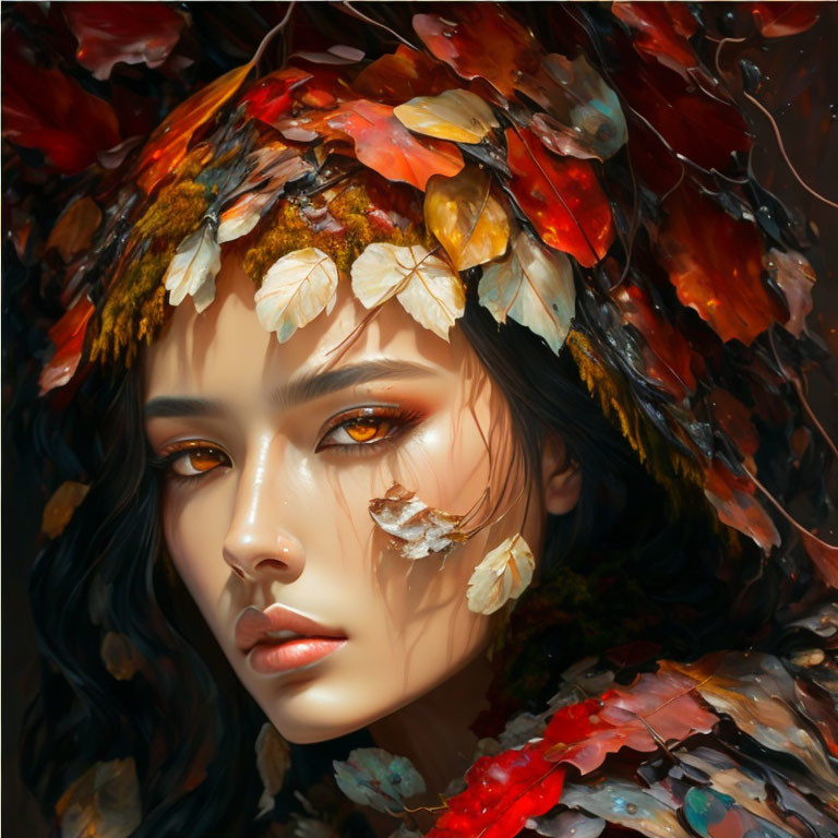 Woman's portrait with autumn leaves and serene expression in rich red and orange hues