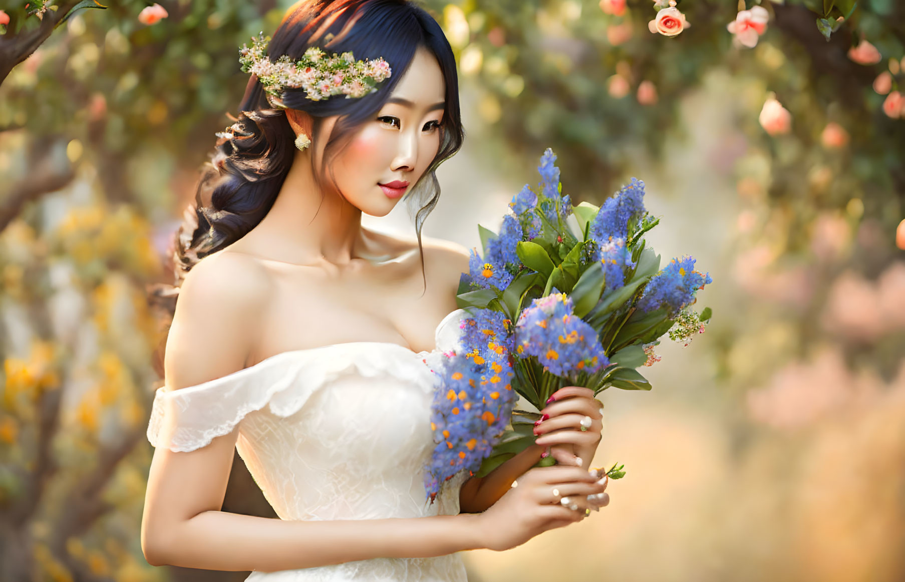 Woman in White Dress with Blue Flower Bouquet in Softly Lit Garden