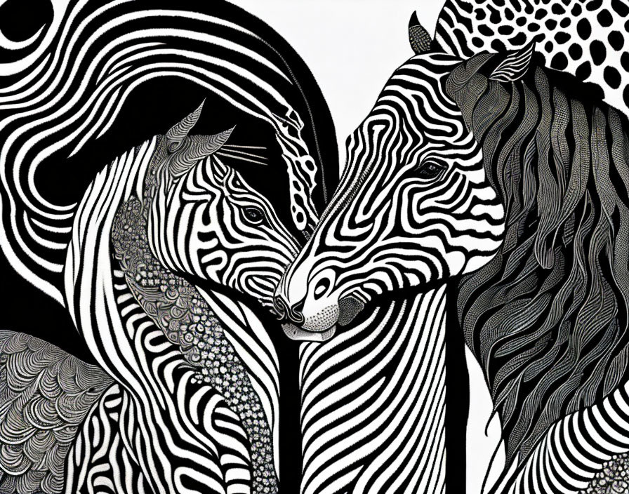 Detailed black and white illustration of two zebras with intricate stripe patterns