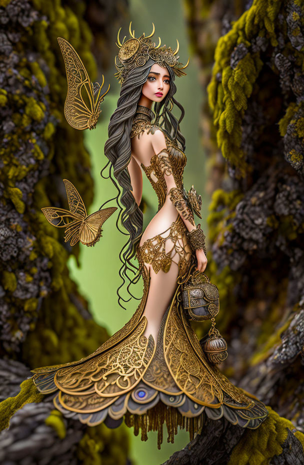 Fantasy illustration: Woman in gold filigree gown in forest with butterflies