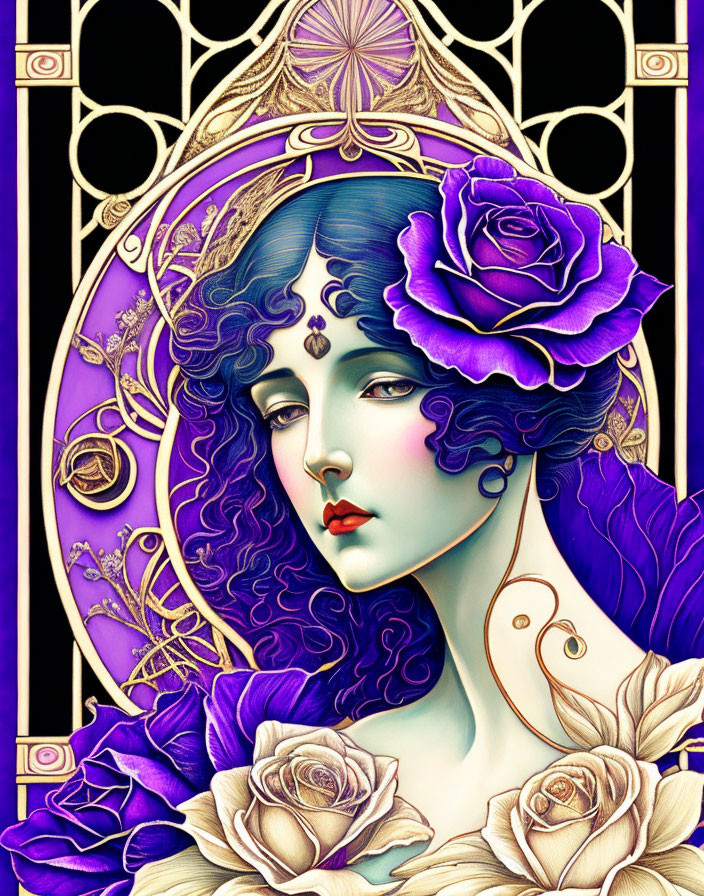 Art Nouveau Woman with Blue Hair and Purple Roses Illustration