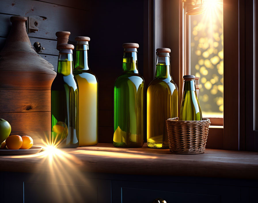 Rustic window with glass bottles on wooden shelf in sunlight