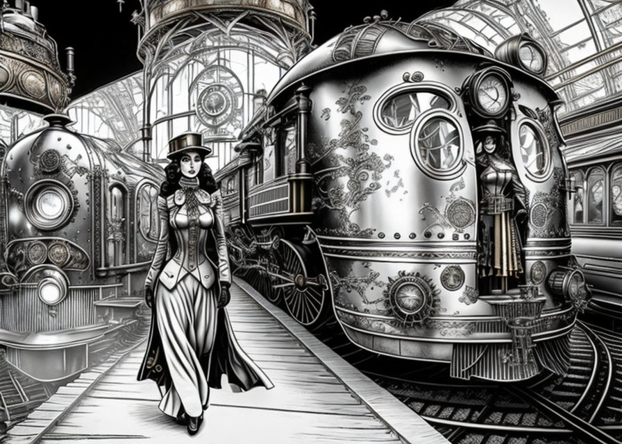 Victorian woman in steampunk train station with ornate trains