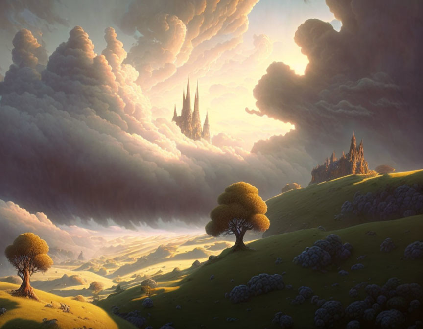 Verdant hills, dramatic clouds, glowing sunlight, distant castles in fantastical landscape