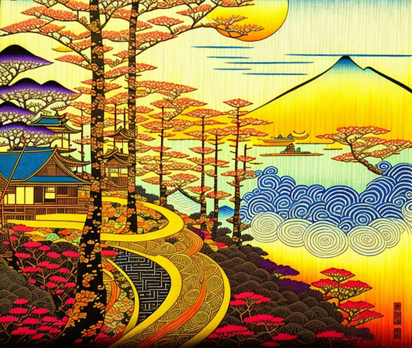 Traditional Japanese Landscape: Mt. Fuji, Cherry Blossoms, Temples, Stylized Sun