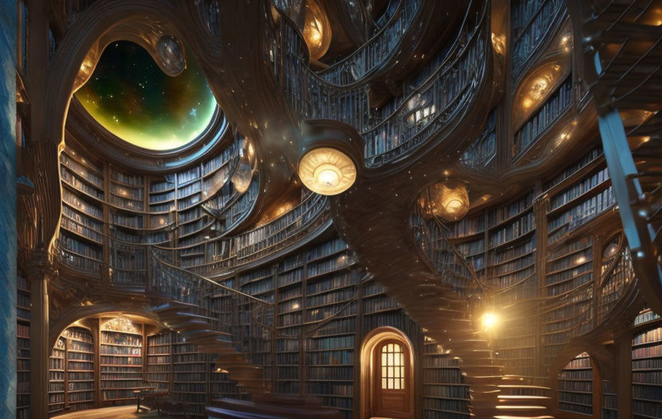 Spiraling library with towering bookshelves under a starry dome