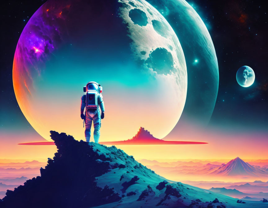 Astronaut on alien landscape with colorful skies and huge planets