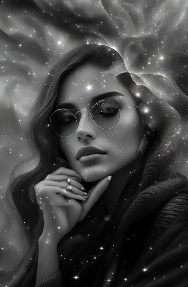 Monochrome artistic image of woman with flowing hair and star-adorned glasses