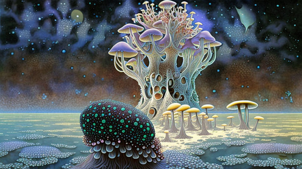 Fantastical landscape with alien-like mushrooms under starry sky