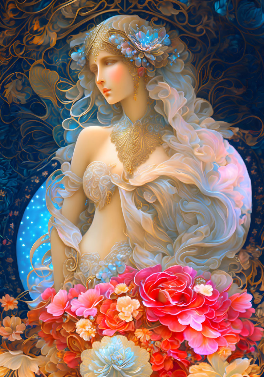 Illustration of woman with flowing hair and ornate jewelry among colorful flowers on blue background