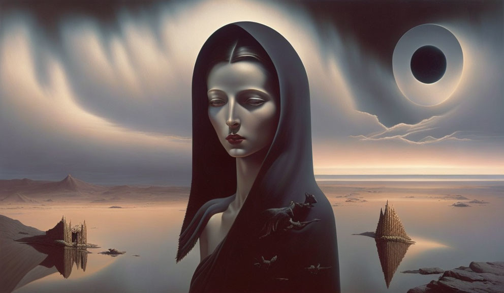 Surreal desert painting with Mona Lisa-like figure & eclipsed sun