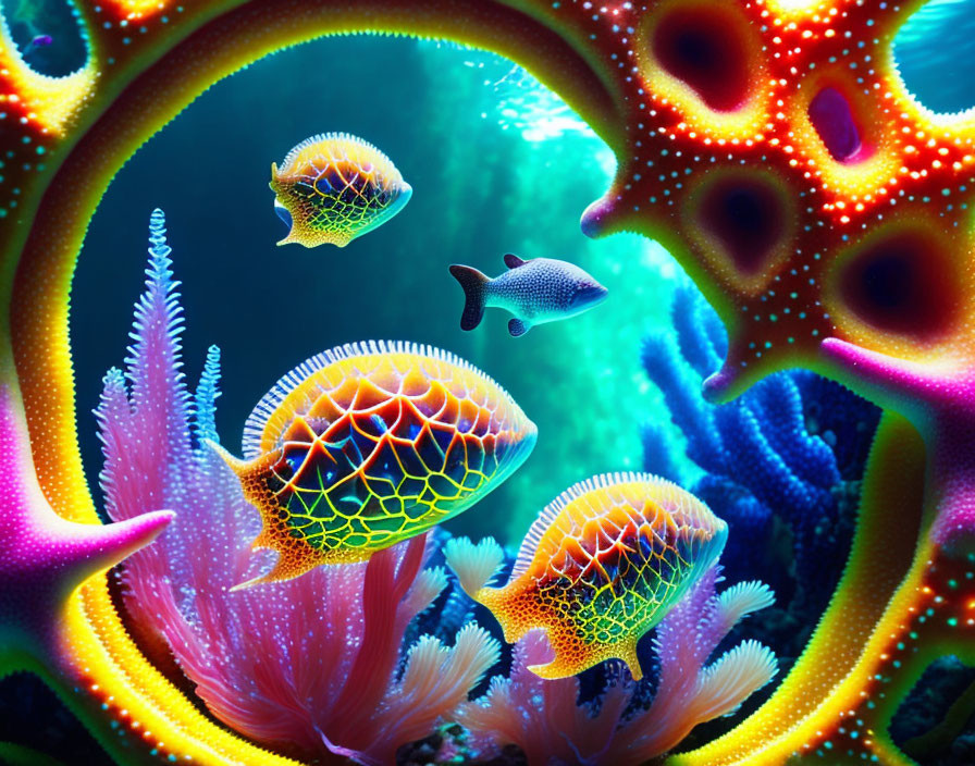 Vibrant Coral and Fish in Underwater Tunnel Scene