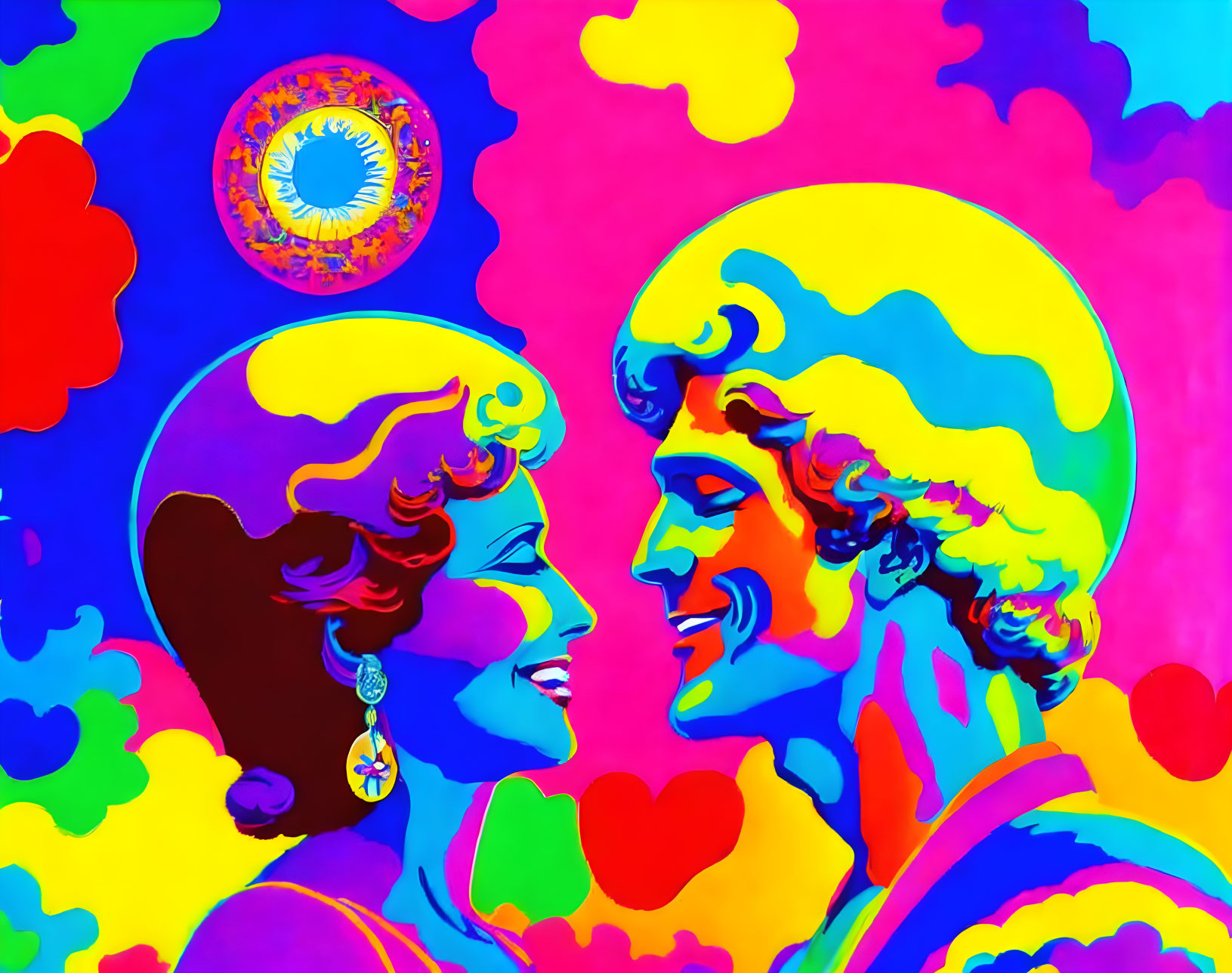 Colorful Psychedelic Man and Woman Profiles with Swirling Patterns