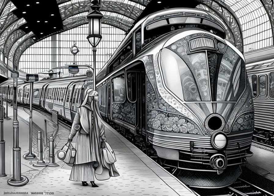 Monochrome art deco illustration: Figure in vintage attire boarding train at glass-roofed station