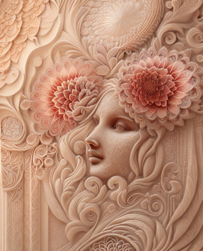 Detailed relief sculpture of woman's face with flowing hair and floral elements