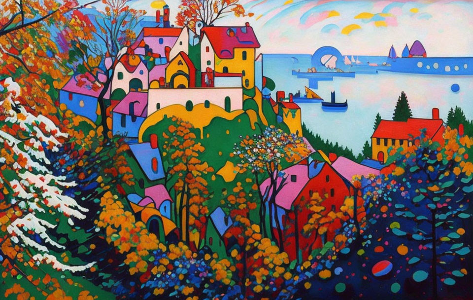 Whimsical landscape painting with colorful houses, trees, sea, and sun.