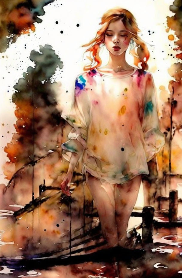 Vibrant watercolor illustration of young woman walking in oversized shirt