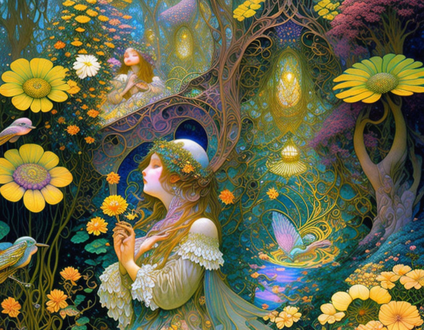 Mystical forest illustration with ethereal women, vibrant flora, and luminescent trees