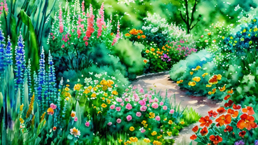 Colorful watercolor painting of lush garden path with flowers.