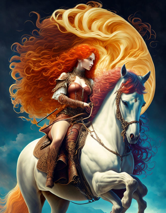 Warrior woman in ornate armor on white horse under dramatic sky