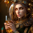 Steampunk-inspired portrait of woman with hat, goggles, vial, bronze gears.