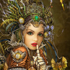 Symmetrical digital artwork of woman with golden headdress & turquoise gems