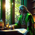 Elf with long white hair writing at desk in green robes by lush forest